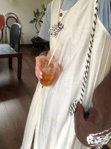 FRIFUL Đầm maxi dài màu trơn cài một hàng khuy dành cho nữ, chất liệu vải lanh. - trắng - Xem 4