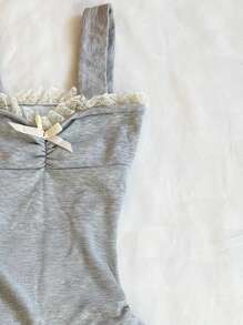 SHEIN 女式夏季休闲蝴蝶结装饰百褶下摆连衣裙 - 灰色 - 查看 3