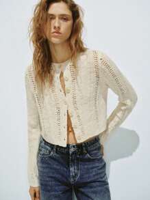 Lumivelle Short Hollow-Out Knitted Cardigan - Apricot - View 1