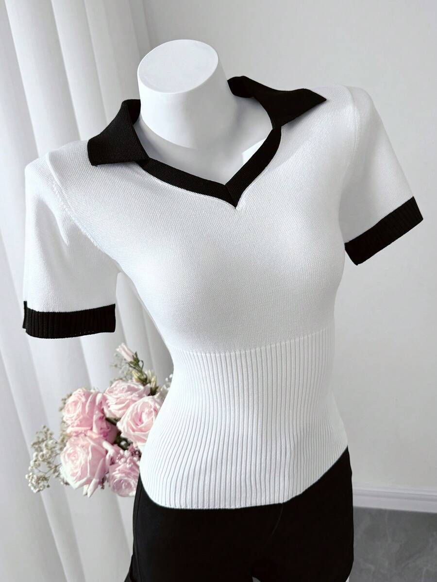 SHEIN LUNE Damen Strickpullover mit einzigartigem Design, ärmellos, Schleife und Rüschensaum - Schwarz und Weiss - Übersicht 1