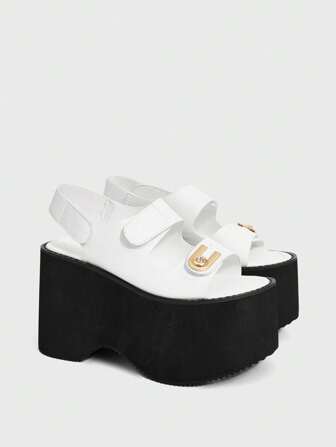 Grunge Punk Sandalias de mujer con tacón súper alto y suela gruesa, diseño con hebilla de strass en forma de U, correa doble, sin talón, con cierre de y diseño de punta abierta calada