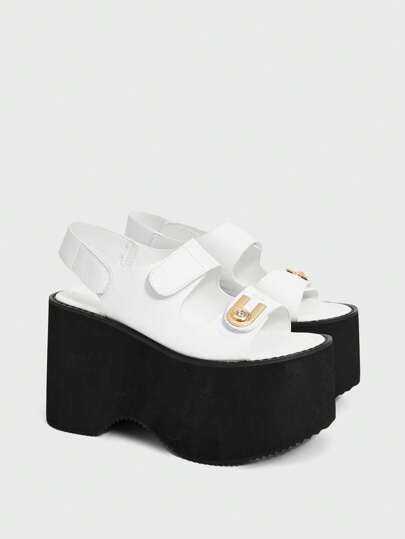 Grunge Punk Sandalias de mujer con tacón súper alto y suela gruesa, diseño con hebilla de strass en forma de U, correa doble, sin talón, con cierre de y diseño de punta abierta calada