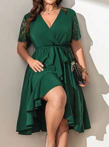 SHEIN Clasi Vestido de talla grande con cuello en V, dobladillo con volantes y parches - Verde Oscuro - Ver 1