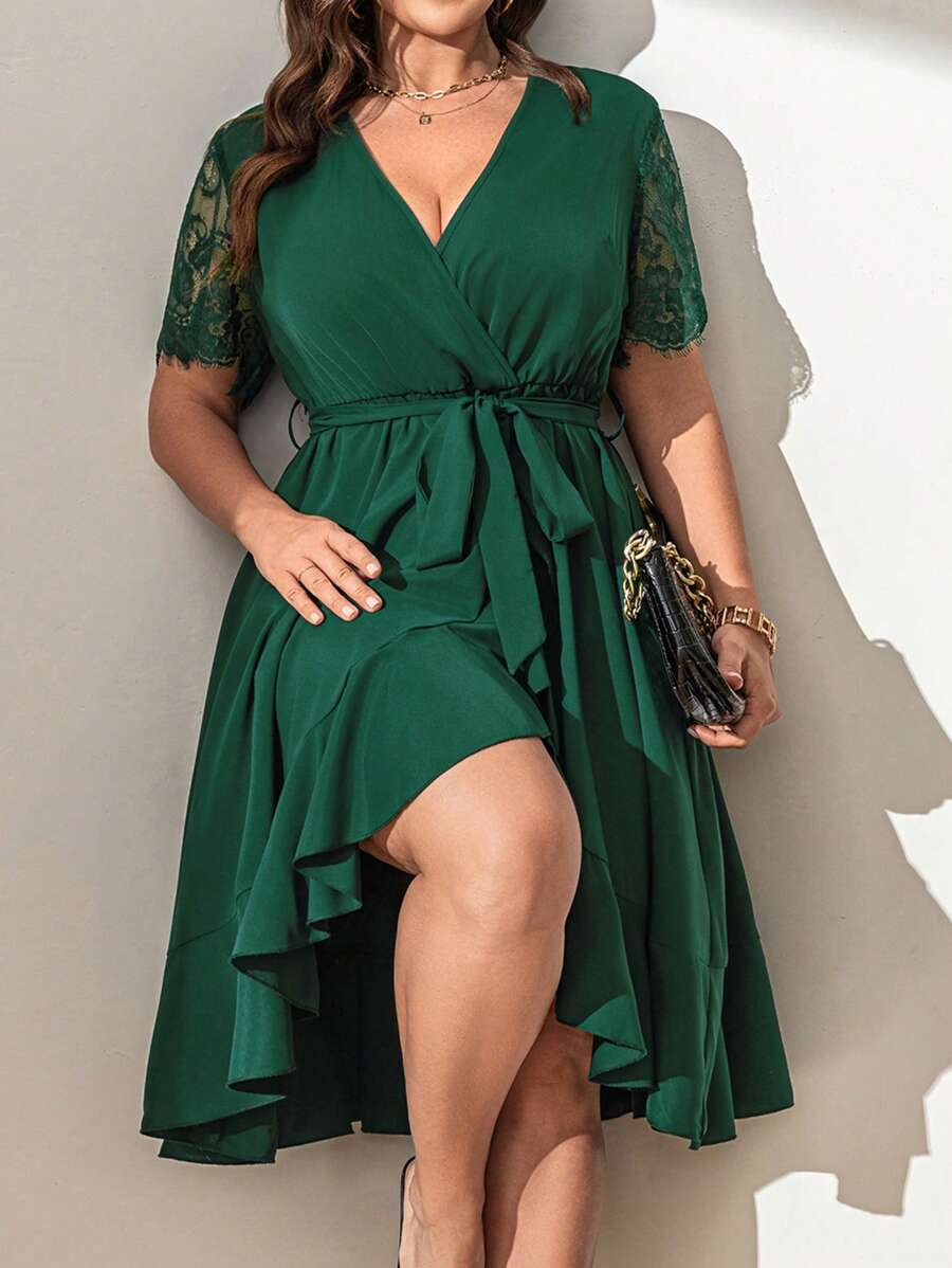 SHEIN Clasi Vestido de talla grande con cuello en V, dobladillo con volantes y parches - Verde Oscuro - Ver 1