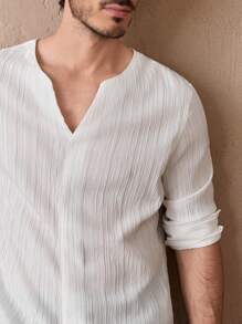 Manfinity VCAY Men Solid Notched Neck Plain Long Sleeve White Shirt, For Vacation, Fall - White - View 2