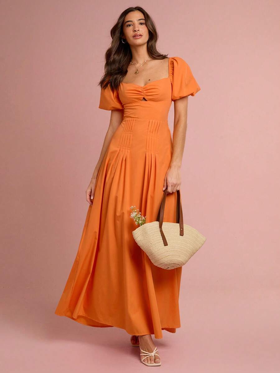 Enchnt 春夏浪漫女士阳光橙色甜心领口短款泡泡袖褶皱长裙，甜美优雅，适合度假、海滩、约会、节日、派对、毕业典礼和婚礼宾客，女士夏装，女士太阳裙，夏装 - 橘色 - 查看 1