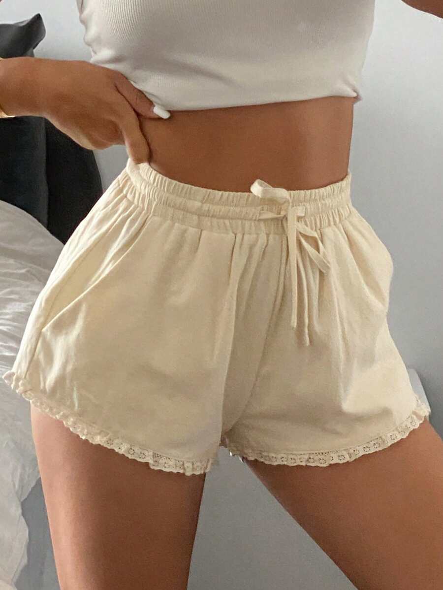 DAZY 女士休闲蕾丝边家居服下装睡裤短裤睡衣 - 米色 - 查看 1