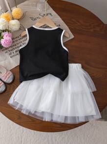 SHEIN 2pcs/Set Young Girl Fashion Contrast Color 3D Floral Decor Sleeveless Round Neck Top And Mesh Skirt Set, Versatile For Daily Wear And Outdoor Vacation, Spring/Summer  Holiday  Travel  Summer  Relax
