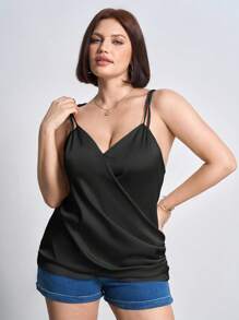 Chikora Camisola de satén fruncido de talla grande - Negro - Ver 1