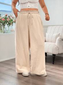 SHEIN EZwear Plus Size Women's Solid Color Fashion Pants, Suitable For Summer - Apricot - View 5