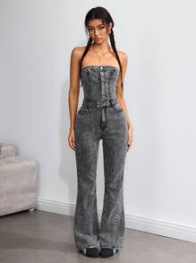 SHEIN ICON 女式喇叭裤牛仔连体裤，带口袋 - 灰色 - 查看 4