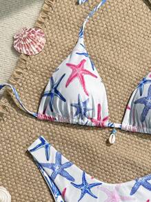 Swim Mod Conjunto de bikini sexy de 2 piezas con sujetador triangular y braga de tiro alto con estampado aleatorio y textura de tela, para vacaciones de verano