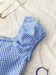 SHEIN Blusa azul y blanca con volantes y línea A a cuadros en estilo retro, casual tipo universitario