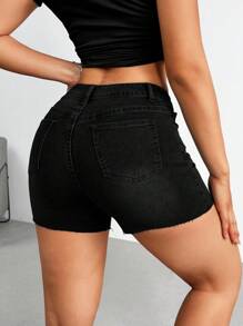 SHEIN ICON Women's Casual Washed Frayed Hem Skinny Denim Shorts - Black - View 2
