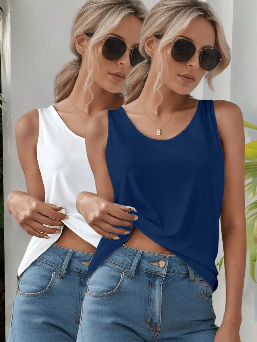 EMERY ROSE 2pcs Women Summer Casual Versatile Solid Color Round Neck Tank Top Set - Multicolor - View 1