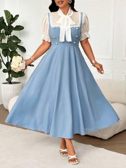 Flirla 大码时尚、优雅、百搭的新款欧式修腰撞色白色蝴蝶结荷叶边下摆二合一女式连衣裙