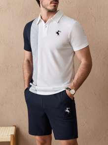 HIMLAND Men's 2pcs Knitted Color-Block Pattern Printed Casual Polo Shirt And Mid-Waist Straight Shorts Set, Suitable For Summer, Old Money - Multicolor - View 6