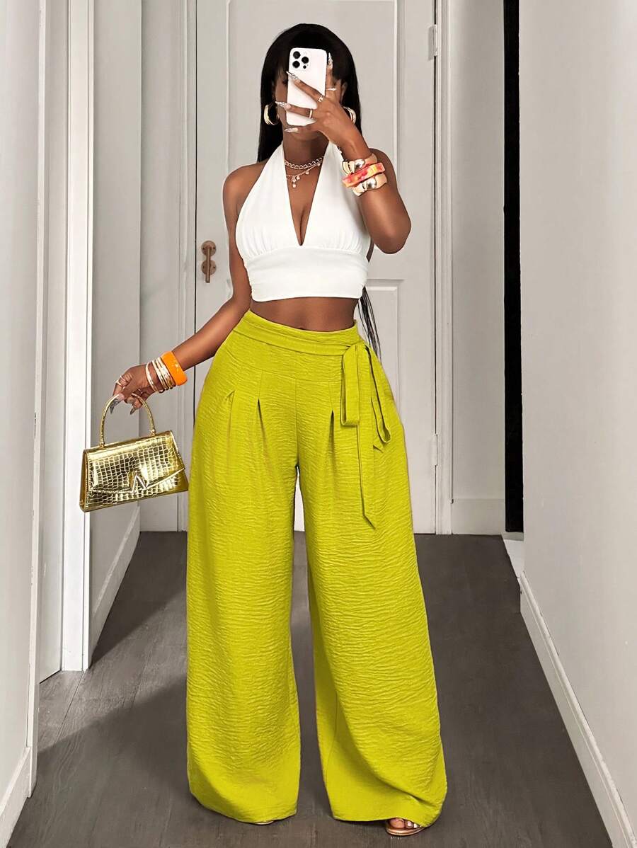 BamGleam Women's Solid Color Side Waist Tie-Up Pleated Wide Leg Loose Pants - Green - View 1