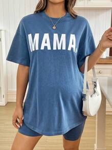SHEIN Maternity Two Pieces Suits,Mother's Day,Blue Maternity Two Pieces , Letter Print Oversized T Shirt Oversized T Shirt Women T Shirts Oversized Oversized T Shirts - Blue - View 7