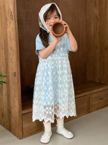 DAZY 2pcs/Set Young Girl Round Neck Casual Solid Color Short Sleeve T-Shirt And Net Mesh Dress, Girls Summer Outfits - Blue - View 5