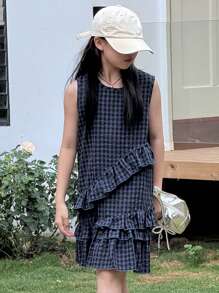 DAZY Vestido de punto sin mangas de estilo escocés para niñas, ropa de verano y vuelta al colegio