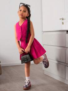 SHEIN 2pcs Woven Solid Top & Skirt Set For Young Girls - Hot Pink - View 4