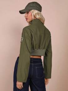 COSMINA 女式前拉链长袖图案细节简约休闲短夹克 - 棕色 - 查看 2