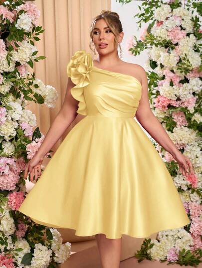 Lovelzi Plus Size Women Elegant Romantic Satin Asymmetrical Neck Pleated Ruffle A-Line Midi Dress, Suitable For Formal Ball, Gala Dinner, Party Events, Prom Dress