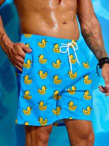 Manfinity Swimmode Men's Cartoon Duck Print Pocket Drawstring Waist Beach Shorts, Suitable For Summer Men Swim Trunks Casual Outdoor Beach Shorts - Blue - View 3