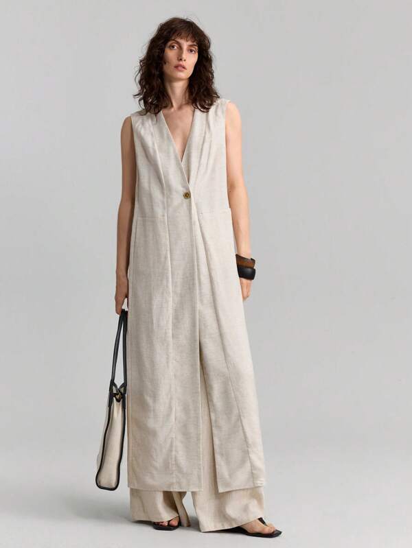 Ontre 2 pièces Gilet sans manches à encolure en V fin pour femmes, style minimaliste, convient pour l'île, veste longue bohème d'été