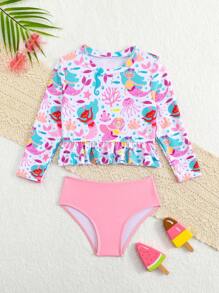 Young Girl Jellyfish Print Long Sleeve Ruffled Hem Tankini Swimsuit Set Long Sleeve Girls Swimsuit Swim Suit For Girls Long Sleeve Girls Long Sleeve Swim Suits Long Sleeve Bathing Suit Kids Long Sleeve Bathing Suit Girls - Pink - View 3