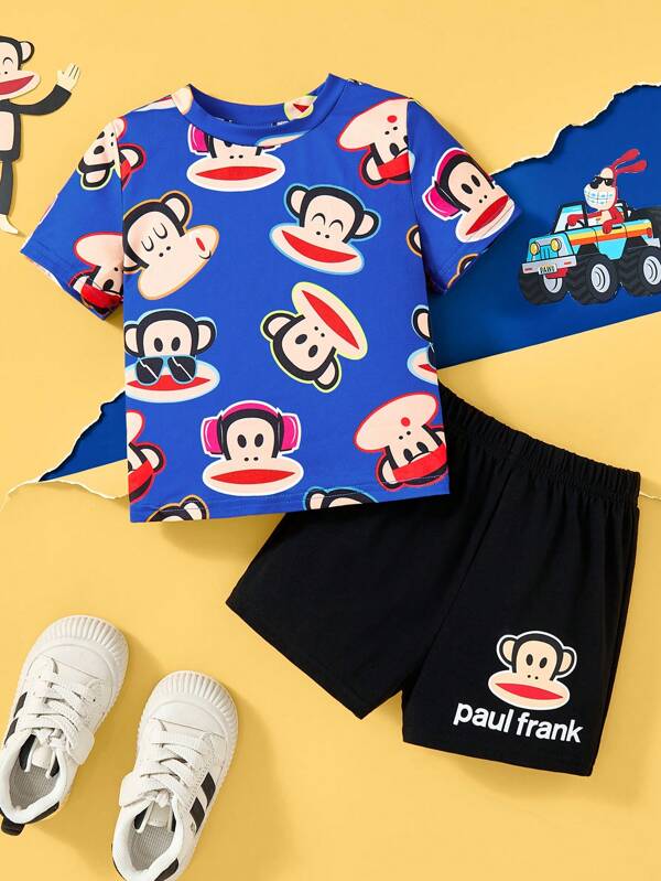 Paul Frank X SHEIN Conjunto de 2 piezas de camiseta holgada con gráfico de dibujos animados y pantalones cortos para bebé niño, de verano