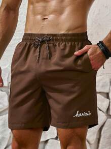 Surfspeed 男士字母印花休闲沙滩短裤 - 棕色 - 查看 1