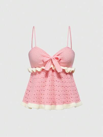 Kawaii Débardeur en maille avec volants à bordure contrastée et décoration en nœud pour femmes