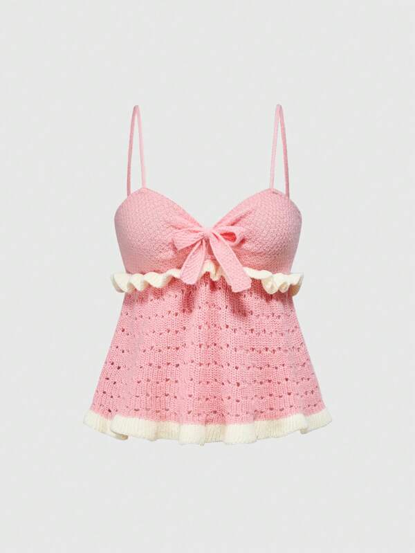 ROMWE Kawaii Women's Bow Decor Contrast Color Ruffle Trim Knit Camisole