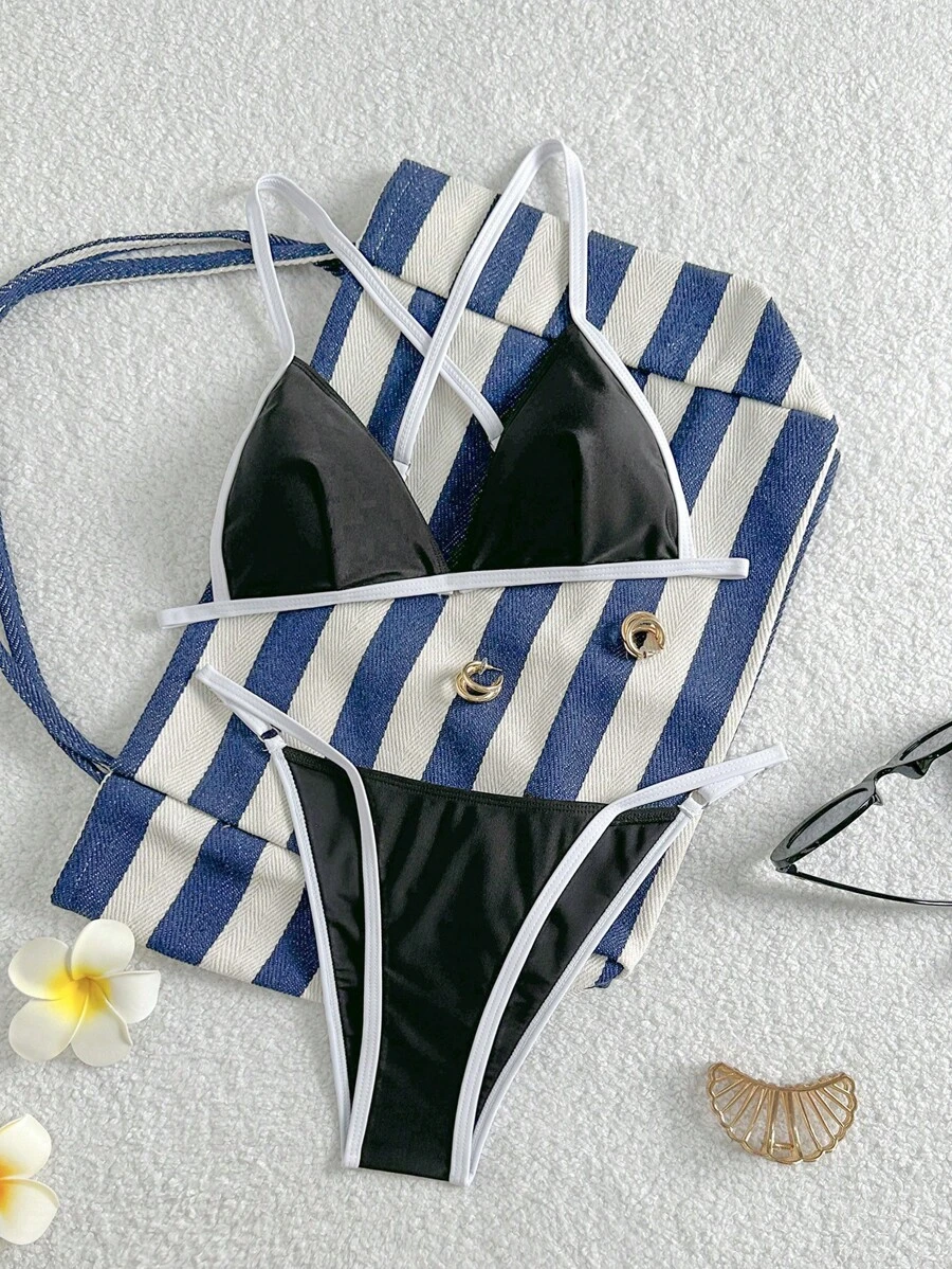 SHEIN Swim Conjunto de bikini de dos piezas ajustable para mujer, con diseño minimalista y ribete en contraste negro y blanco - Blanco y Negro - Ver 1
