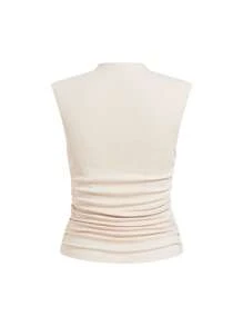 Ellevyn 夏季休闲纯色立领褶皱修身背心 - 杏色 - 查看 2