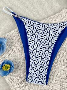 SHEIN Swim 2pcs/Set Women Pearl Buckle Grid Cutout High Cut Bikini Set, Beachwear, Vacation Swimsuit For Summer - Blue - View 4