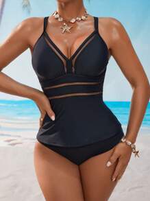 Swim Lushoire Women's Hollow Out Cami Top And Triangle Panty Tankini Set For Summer Beach Vacation - Black - View 4