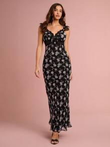 Enchnt 女式花卉印花蕾丝拼布优雅连衣裙 - 黑色 - 查看 5