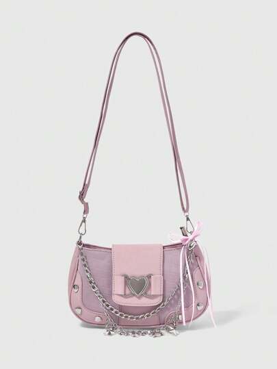 Kawaii Borsa a tracolla da donna in stile punk Y2K, con catena a cuore e stella, motivo effetto coccodrillo a blocchi di colore, decorazione fiocco, nastro a cuore, adatta per pendolarismo, shopping e altro