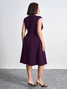 Chikora Plus Size Round Neck Short Sleeve Solid Color Simple Loose Elegant Dress,Office Outfits For Women - Purple - View 2