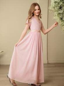 SHEIN 青少年女孩夏季优雅纯色网眼拼布连衣裙 - 粉色 - 查看 5