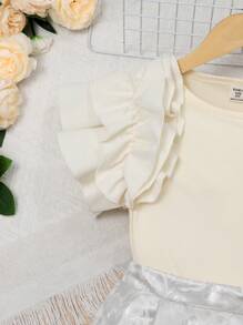 Conjunto coordinado con top de manga corta con volantes y falda de jacquard brillante para niñas - Albaricoque - Ver 5