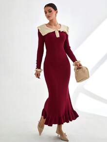CLARA VERO Women Peter Pan Collar Rib Knit Front Button Ruffle Trim Knit Dress Sleeve Long Sweater Dress,Winter Dresses - Burgundy - View 5