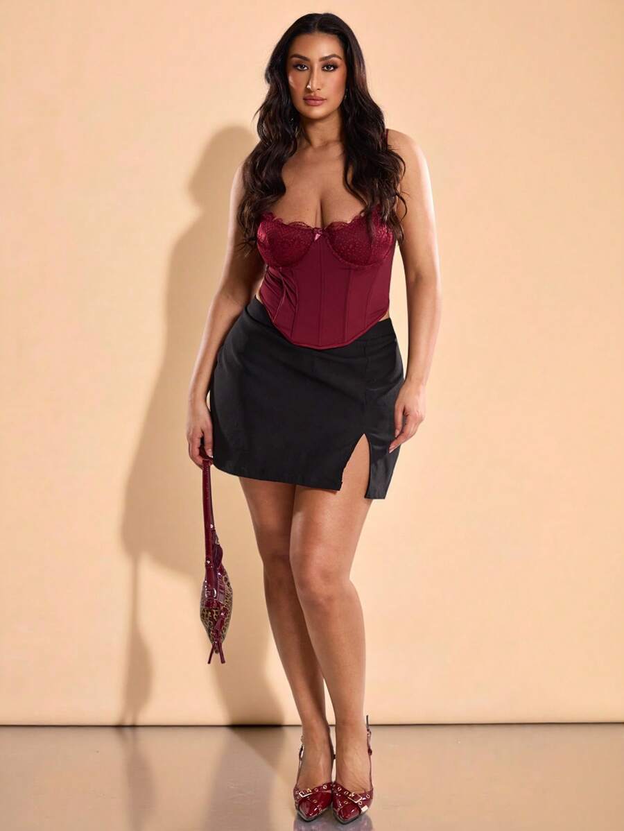 SHEIN BAE Plus Size Women's Elegant Black High Waist Slit Mini Bodycon Skirt, Stretchy Fabric, Resort Wear Women,Mother Day,Mother's Day Gift,Mom,Long Spring Skirt,Easter Plus Women Skirt,Holiday Night,Summer Jacket,Elegant,Concert Women,Summer For Women,Summer,Sexy,Birthday Women,Wedding,Graduation,Club Women Sexy,Y2K - Black - View 1
