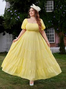 Flirla 大码女式复古泡泡袖荷叶边腰可爱优雅灯笼袖迷你连衣裙，方领，面料拼接长裙，适合春夏派对和旅行 - 黃色 - 查看 1