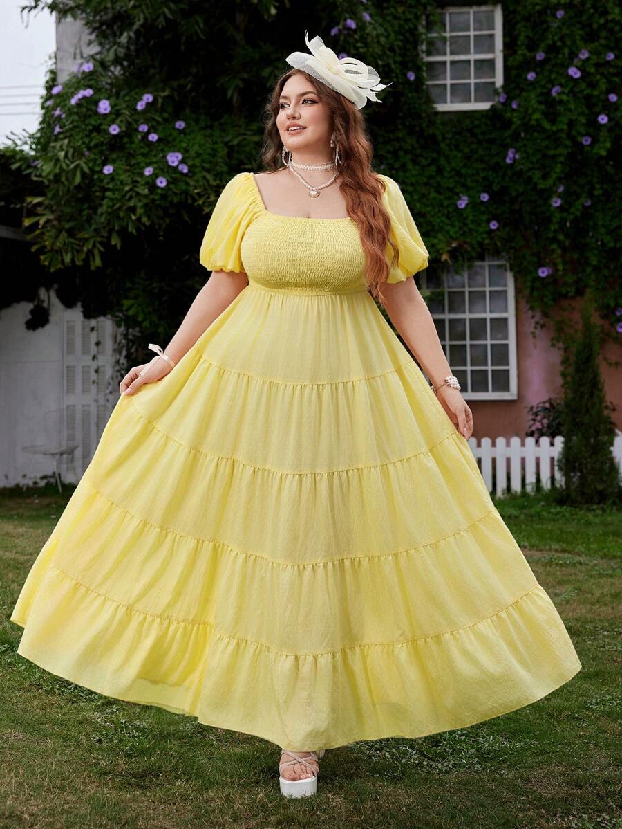 Flirla 大码女式复古泡泡袖荷叶边腰可爱优雅灯笼袖迷你连衣裙，方领，面料拼接长裙，适合春夏派对和旅行 - 黃色 - 查看 1