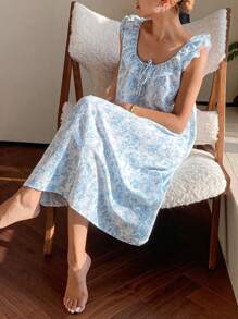 DAZY Full Print Ruffle Hem Sleeveless Long Lady Nightgown Pajama - White - View 5