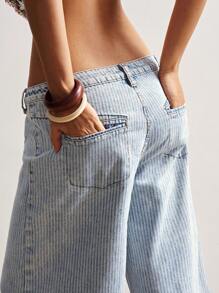 Bohemela 女式夏季波西米亚风编织低腰阔腿七分牛仔裤 - 淺色水洗藍 - 查看 6